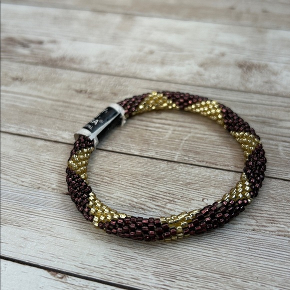 Lily & Laura Nepal Glass Handmade Roll On Gold and Brown Beaded Bracelet - Picture 5 of 6